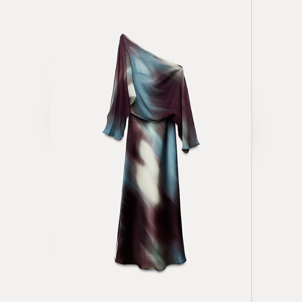 NWT ZARA SATIN print midi dress with cape blue and brown Included Cape - Picture 12 of 15